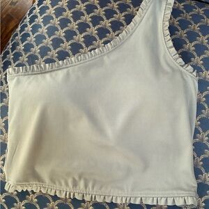 VASANA STEEL GREY One-Shoulder Ruffle Trim Top - Gray